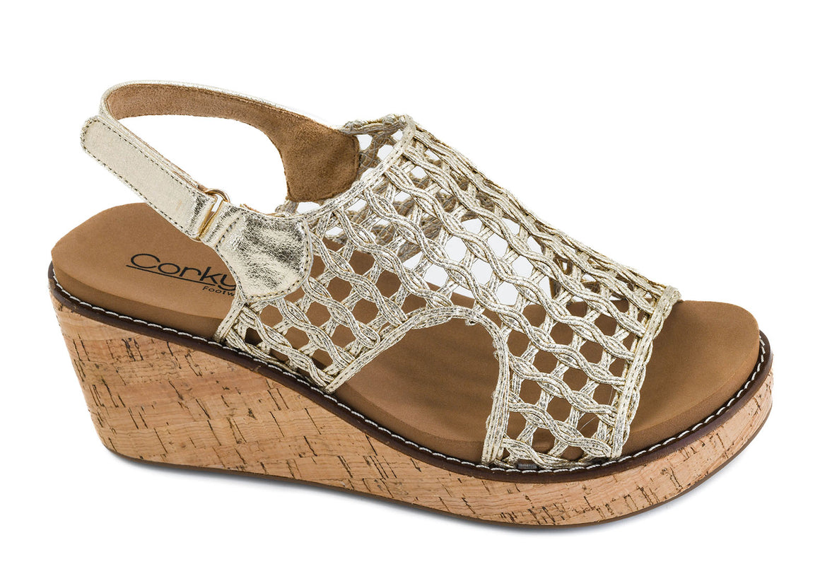 Corkys Women's Carley Wedge Sandal - Gold Woven 30-5316