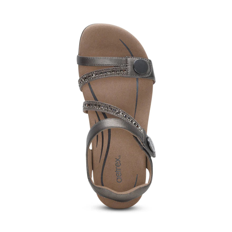 Aetrex Women's Jess Adjustable Quarter Strap Sandal - Pewter Sparkle SE206