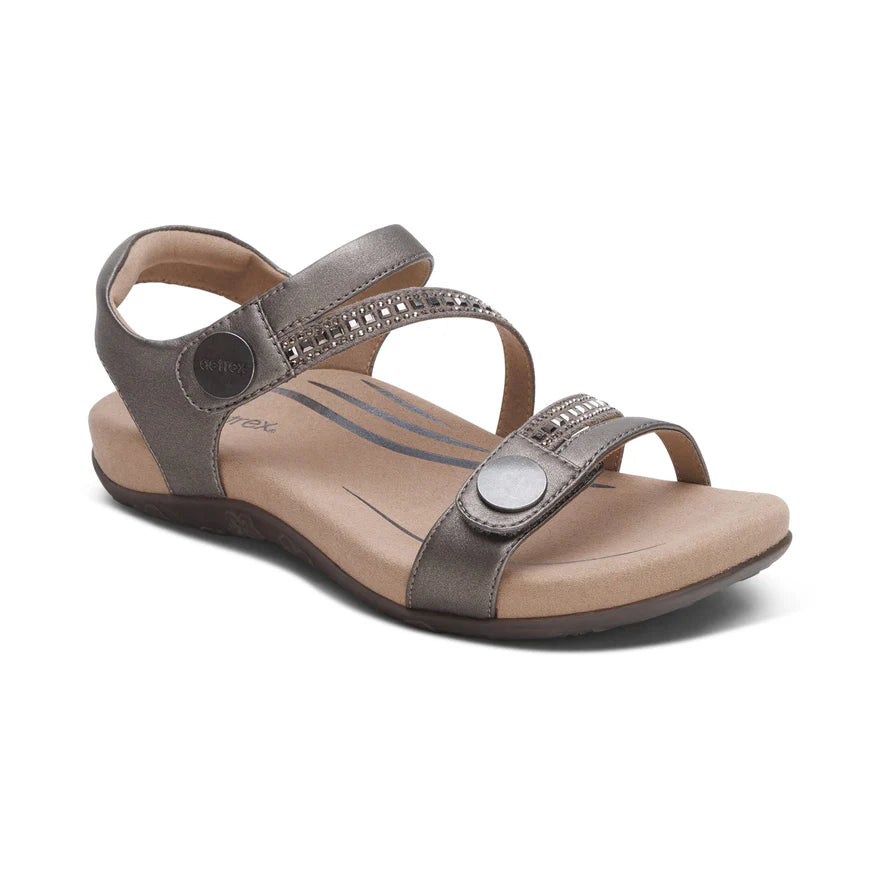 Aetrex Women's Jess Adjustable Quarter Strap Sandal - Pewter Sparkle SE206