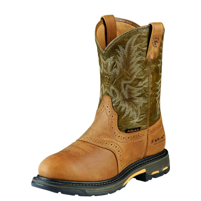 Ariat Men"s 10" WorkHog Pull-On H20 WP Work Boots - Aged Bark/Army Green 10008633 - ShoeShackOnline