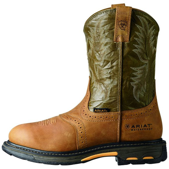 Ariat Men"s 10" WorkHog Pull-On H20 WP Work Boots - Aged Bark/Army Green 10008633 - ShoeShackOnline