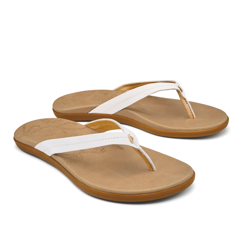 Olukai Women's Honu Leather Sandal  - Bright White/Golden Sand 20436-WBGS