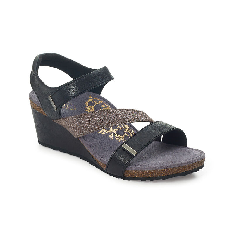 Aetrex Women's Brynn Quarter Strap Wedge Sandal - Black EW110W - ShoeShackOnline