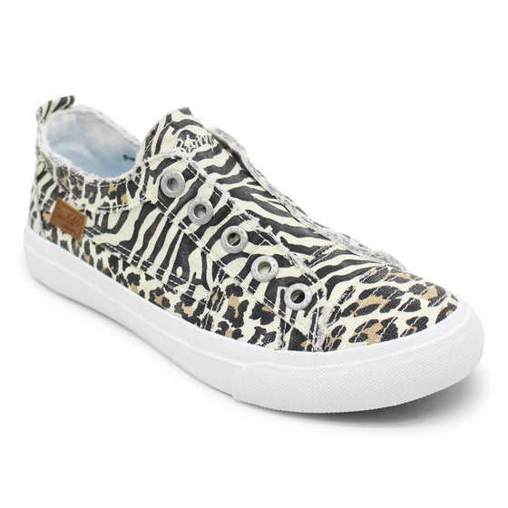 Blowfish Women's Play Slip On Sneaker - Creme City Kitty Canvas/Zebra ZS-0061-CCKZ